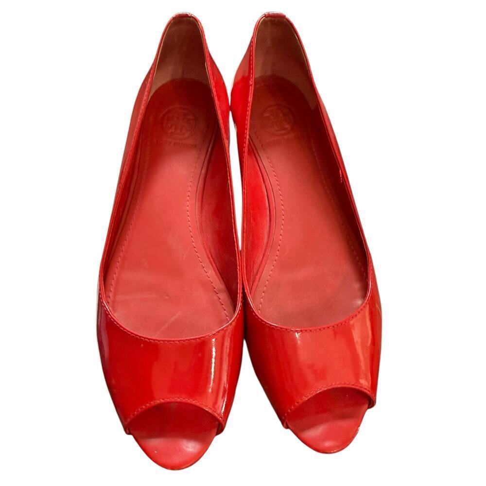 Tory Burch Red Patent Peep Toe Wedge Flats Size 7
